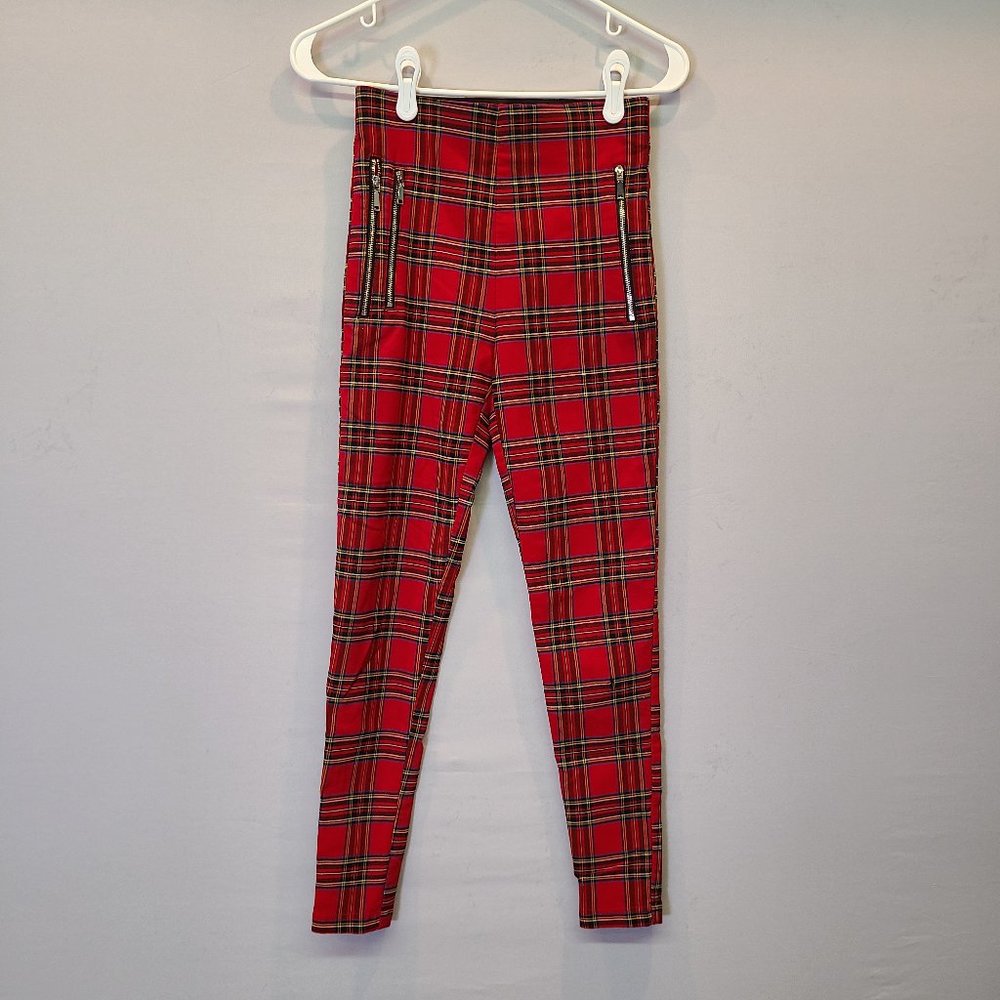 Zara Pants Red Plaid High Rise Zipper Detail Womens Extra Small